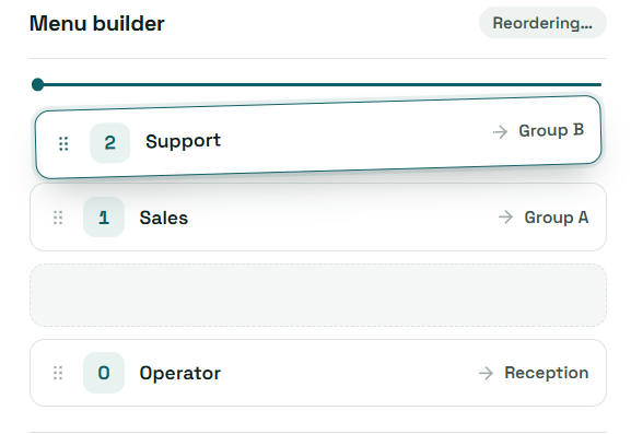 Menu builder showing reorderable IVR options for Support, Sales and Operator
